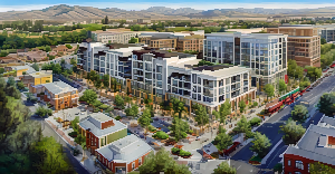 An aerial view of Redwood City showing construction projects, housing developments, and green spaces.