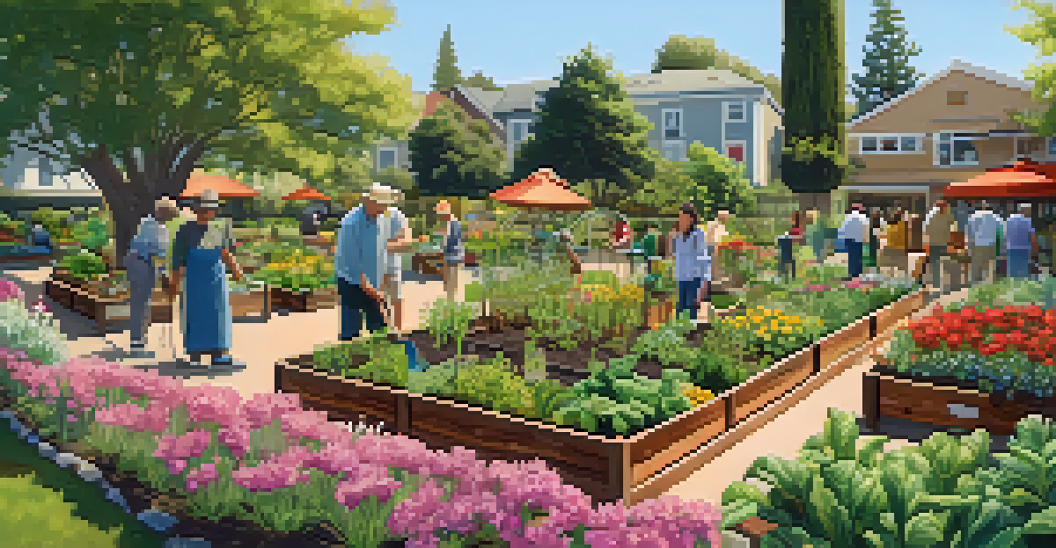 A peaceful community garden in Redwood City, showcasing residents gardening together among vibrant plants and flowers.