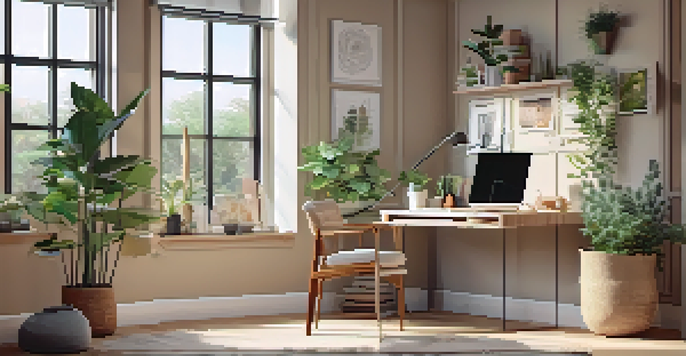 A bright and inviting home office space with a large window, desk, and comfortable reading nook, filled with indoor plants.