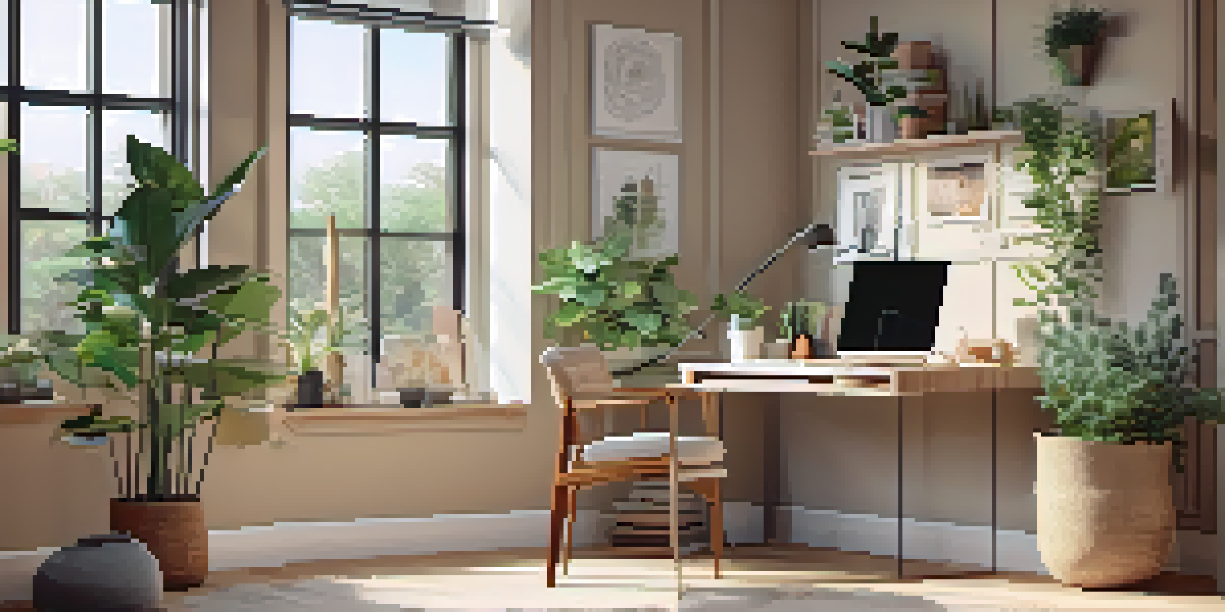 A bright and inviting home office space with a large window, desk, and comfortable reading nook, filled with indoor plants.