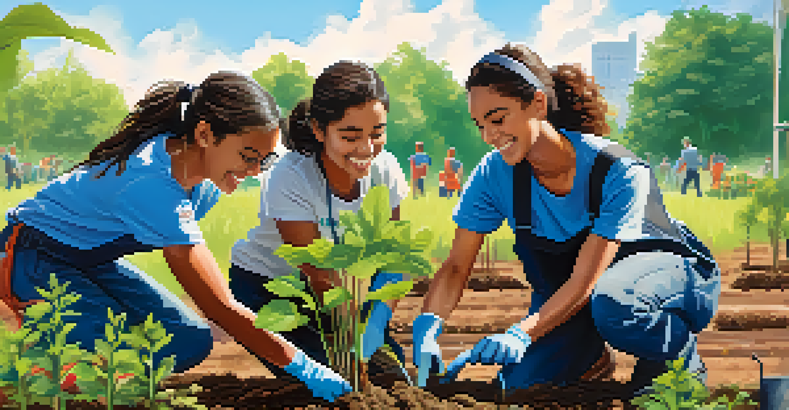 A group of young volunteers joyfully planting trees in a community garden, surrounded by nature and tools.