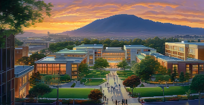A panoramic view of Redwood City with modern buildings and green parks at sunset, featuring people engaged in outdoor activities.