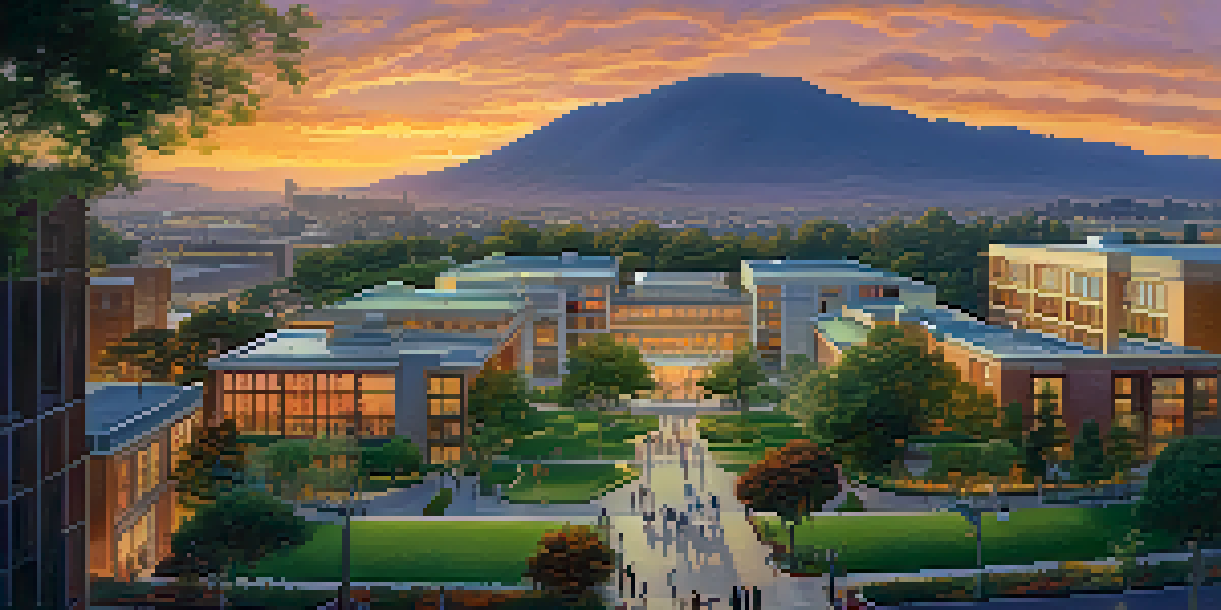 A panoramic view of Redwood City with modern buildings and green parks at sunset, featuring people engaged in outdoor activities.
