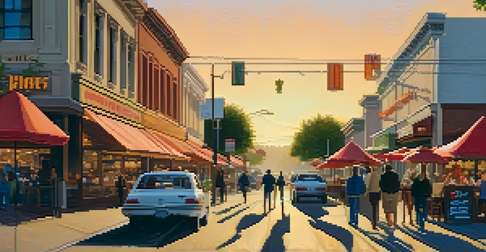A busy street in Redwood City with open shops, people in masks, and outdoor dining under colorful umbrellas, illuminated by warm afternoon light.