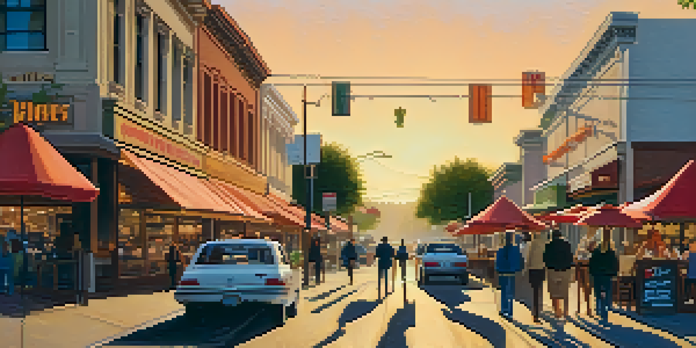 A busy street in Redwood City with open shops, people in masks, and outdoor dining under colorful umbrellas, illuminated by warm afternoon light.