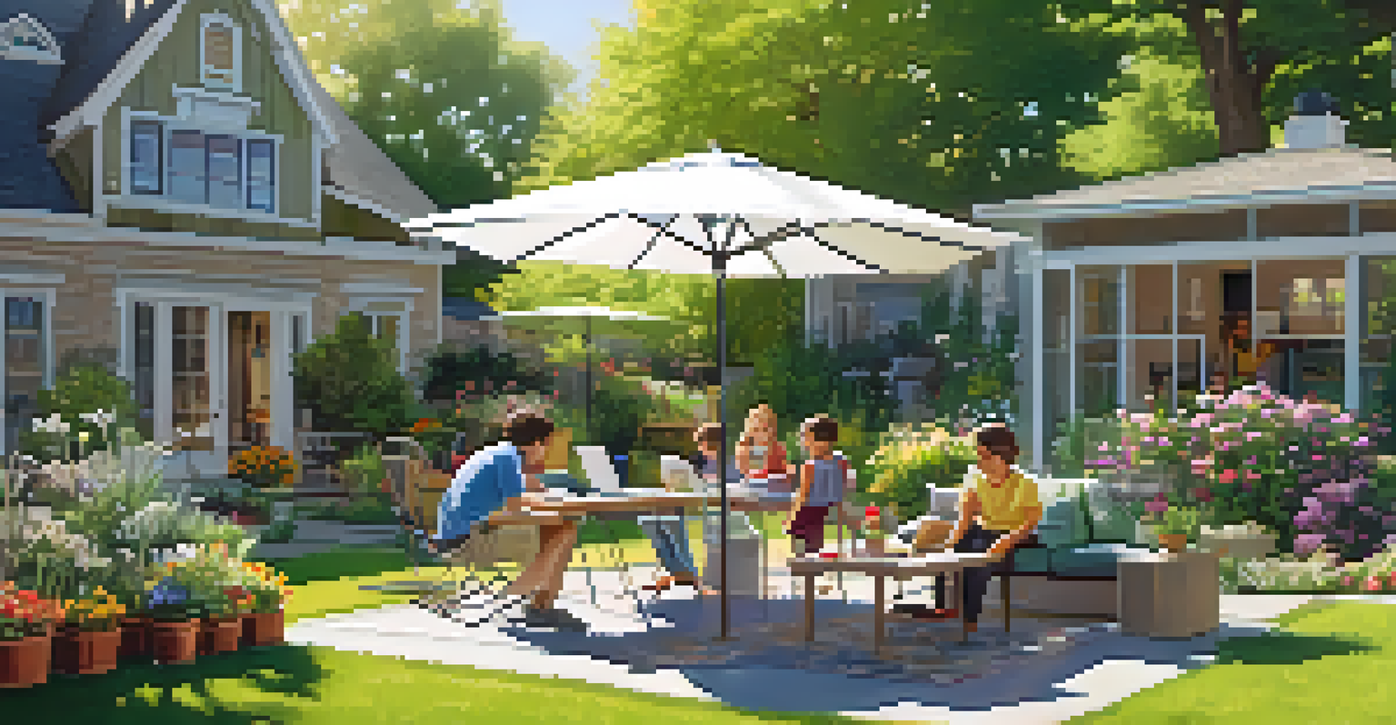 A family having fun in a sunny backyard with kids playing and adults working on laptops at a patio table.