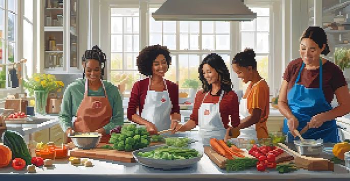 A group of diverse people participating in a lively cooking class in a bright kitchen, surrounded by fresh ingredients and cooking utensils.