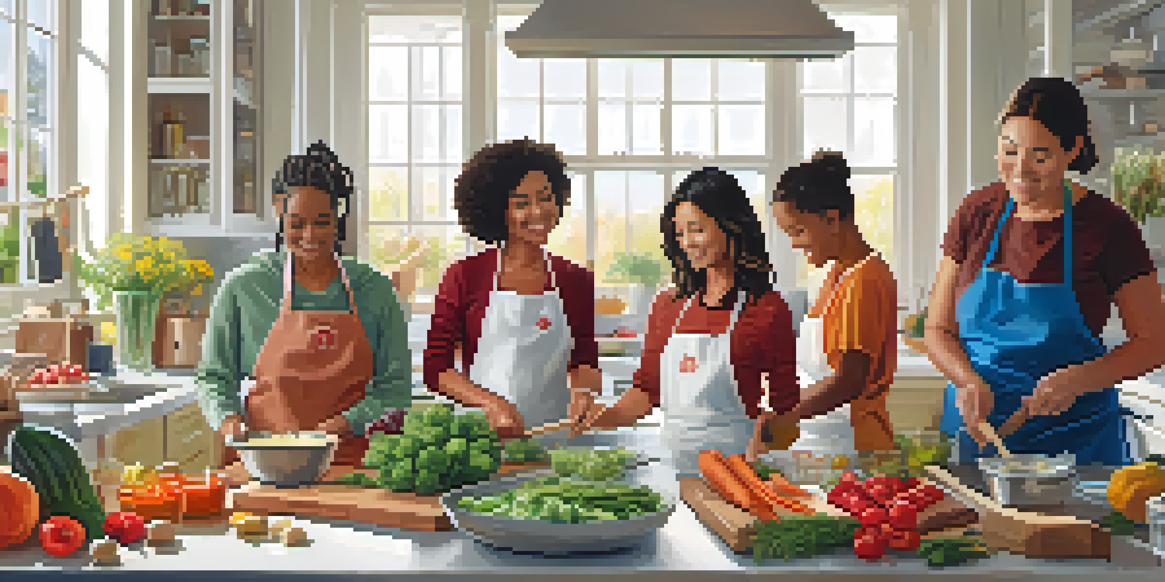 A group of diverse people participating in a lively cooking class in a bright kitchen, surrounded by fresh ingredients and cooking utensils.