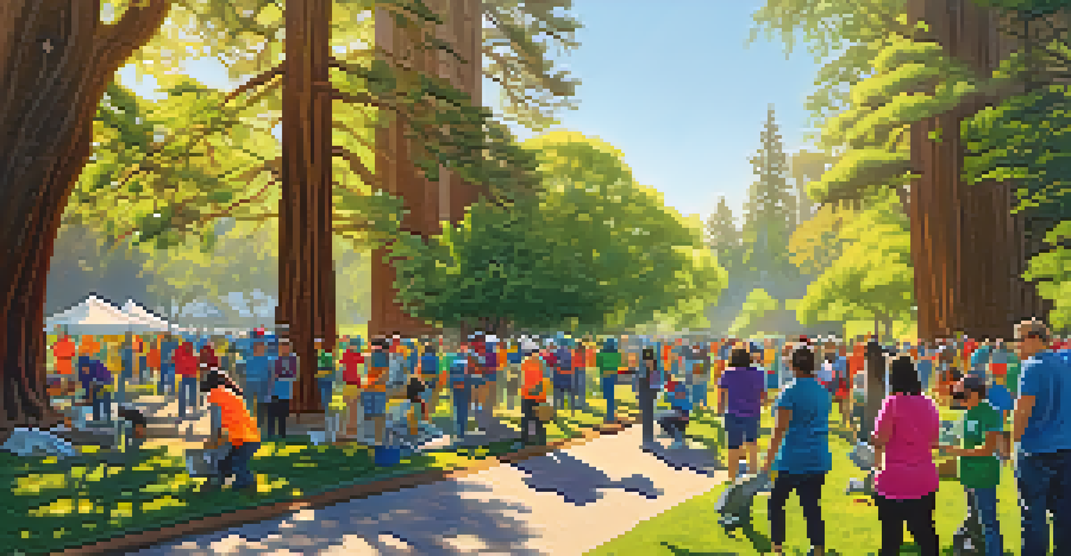 Volunteers planting trees and cleaning in a park, surrounded by green trees and sunlight filtering through the leaves.