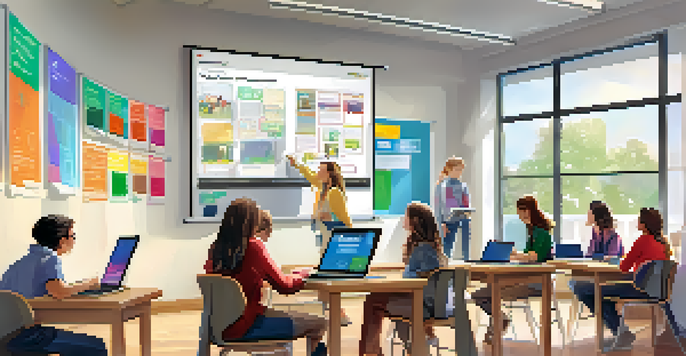 A vibrant classroom with students collaborating on technology, using tablets, laptops, and an interactive whiteboard, with natural light and colorful educational posters.