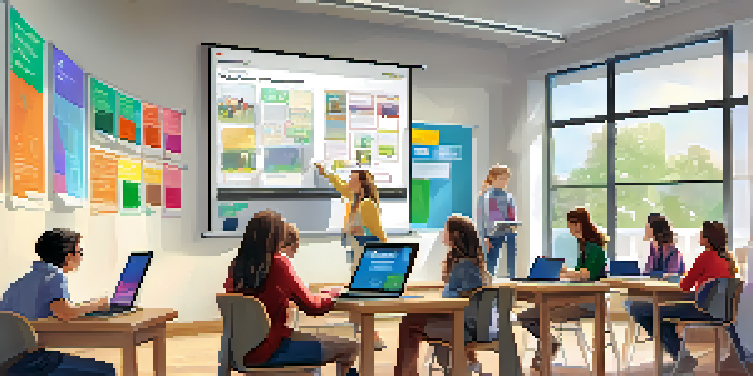 A vibrant classroom with students collaborating on technology, using tablets, laptops, and an interactive whiteboard, with natural light and colorful educational posters.
