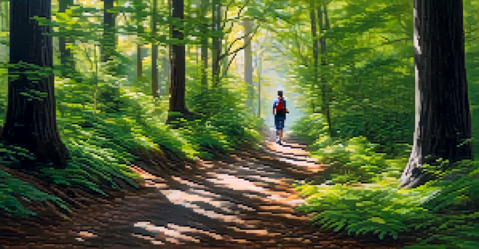 A wooded hiking trail in Huddart Park with a person walking their dog surrounded by trees.