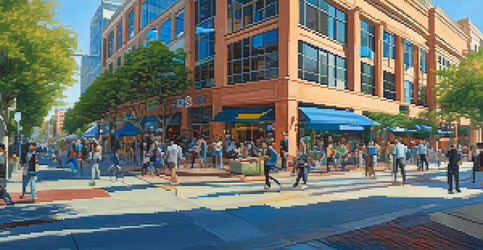 A lively street in Redwood City filled with modern office buildings and people engaging in collaboration outdoors, surrounded by greenery.