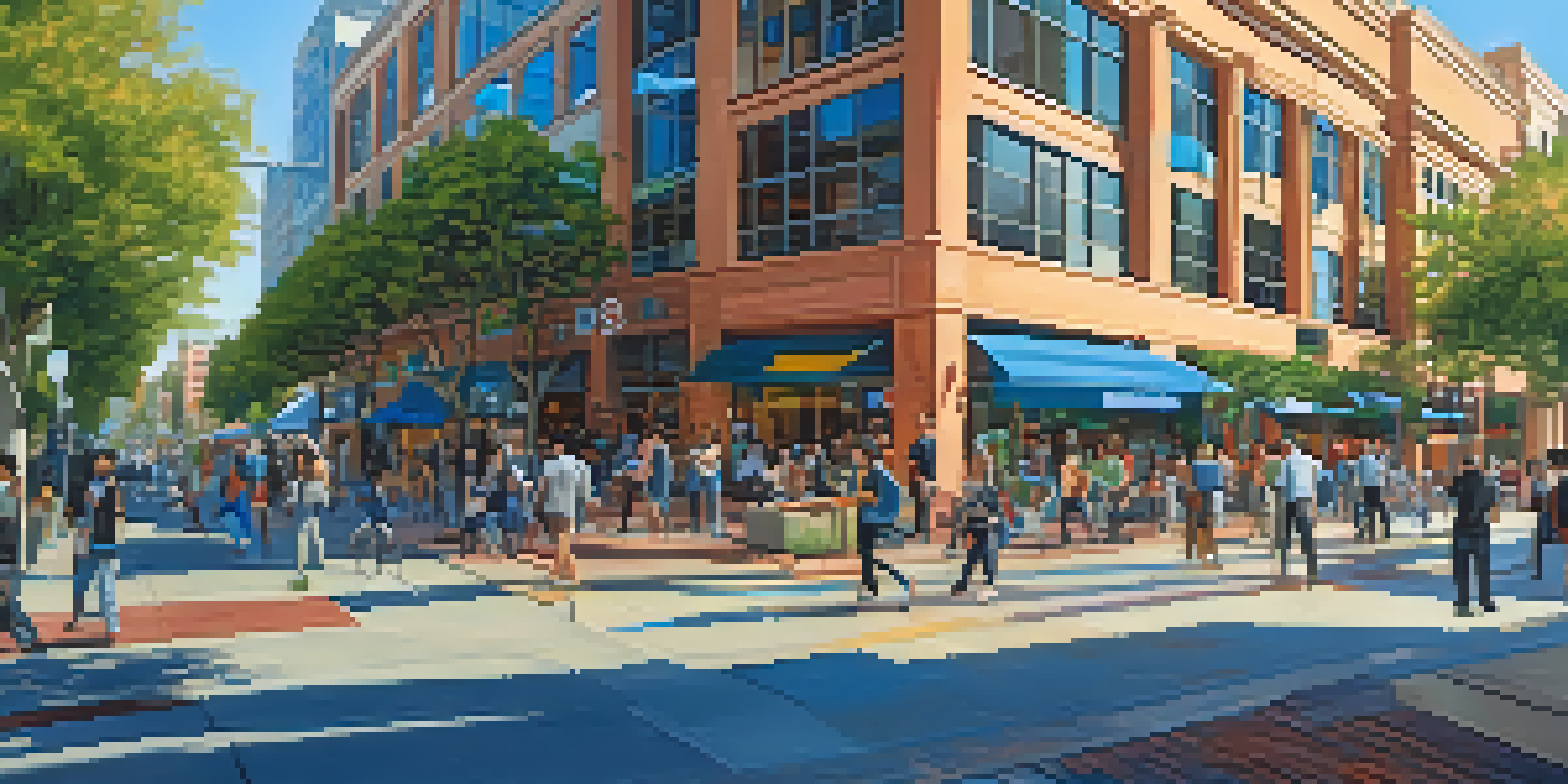 A lively street in Redwood City filled with modern office buildings and people engaging in collaboration outdoors, surrounded by greenery.