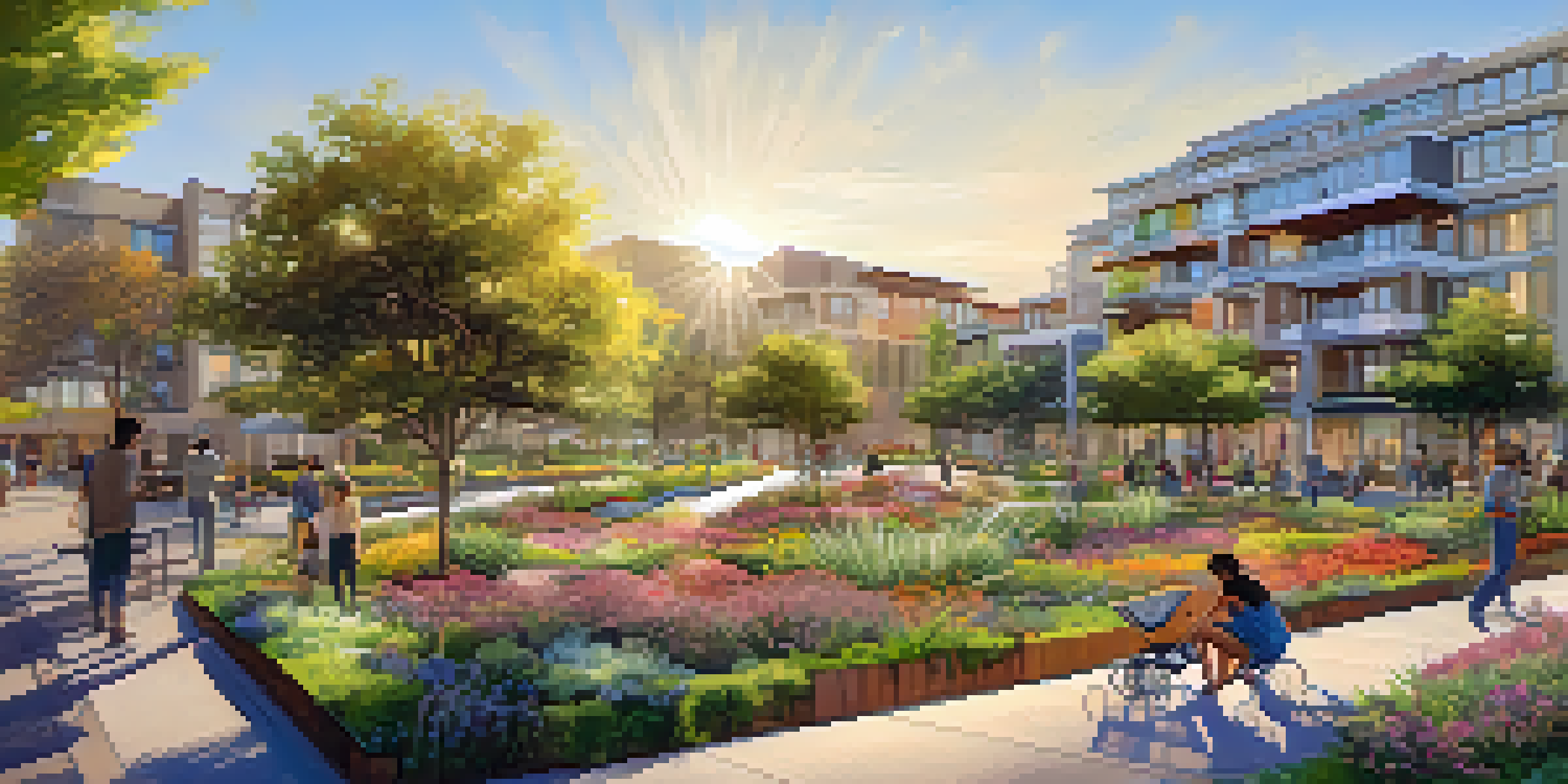 A lively urban park in Redwood City filled with families and native plants, illuminated by warm sunlight.