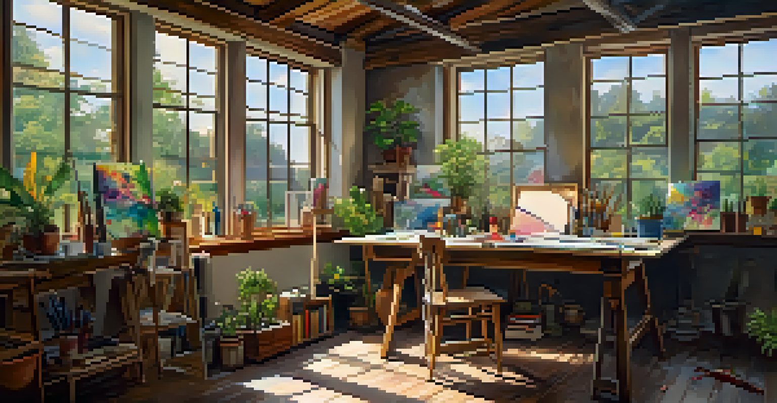 An artist's workspace with canvases, paintbrushes, and vibrant colors illuminated by natural light from large windows.