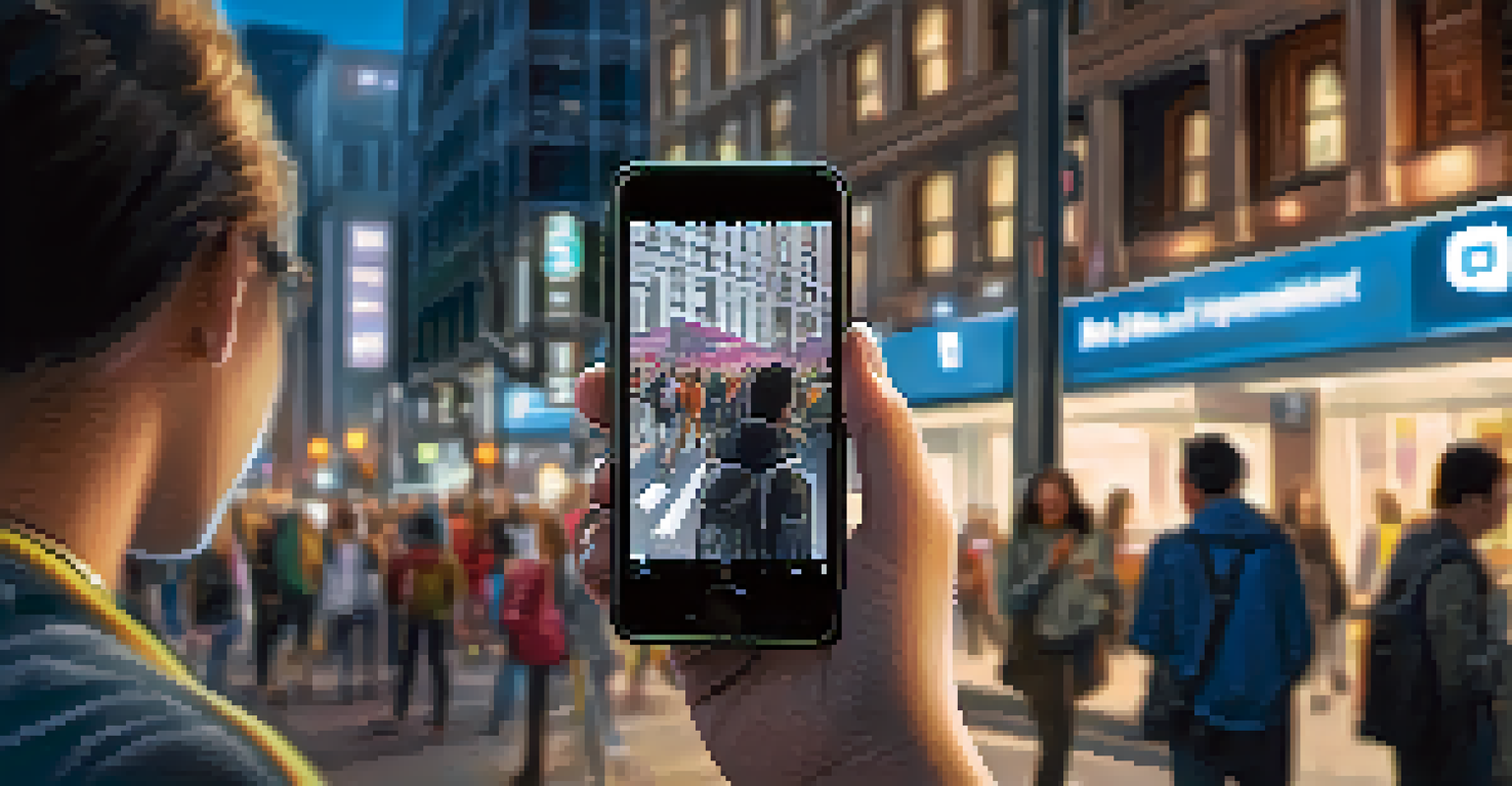 A young individual focused on their smartphone, engaged in civic discussions, with a busy urban backdrop.