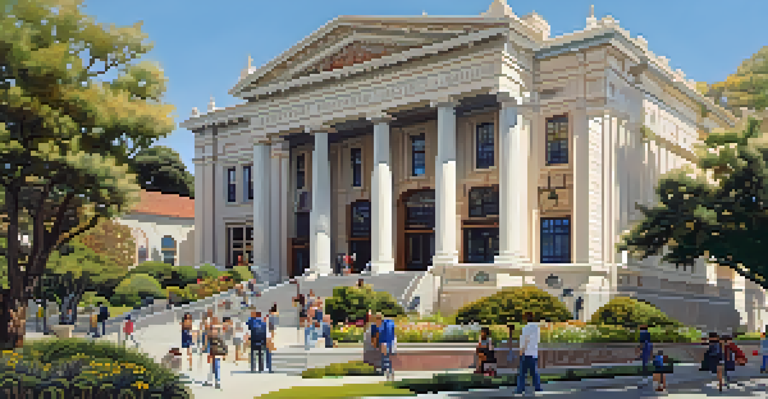 A historical museum with intricate architecture under warm sunlight, surrounded by blooming flowers and engaged visitors.