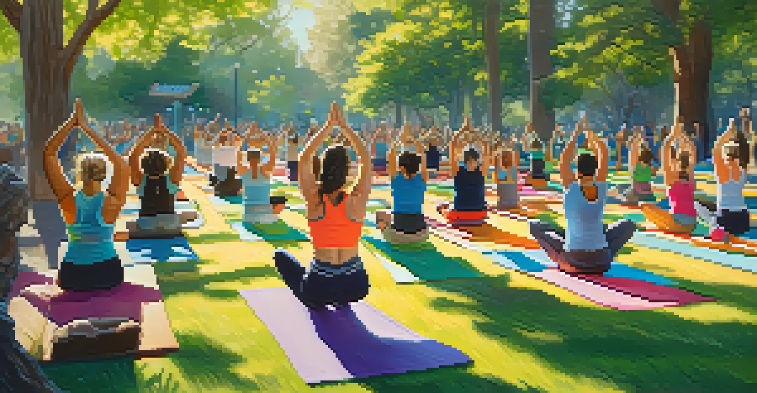 An outdoor fitness class in a park with diverse participants practicing yoga on colorful mats, surrounded by trees.