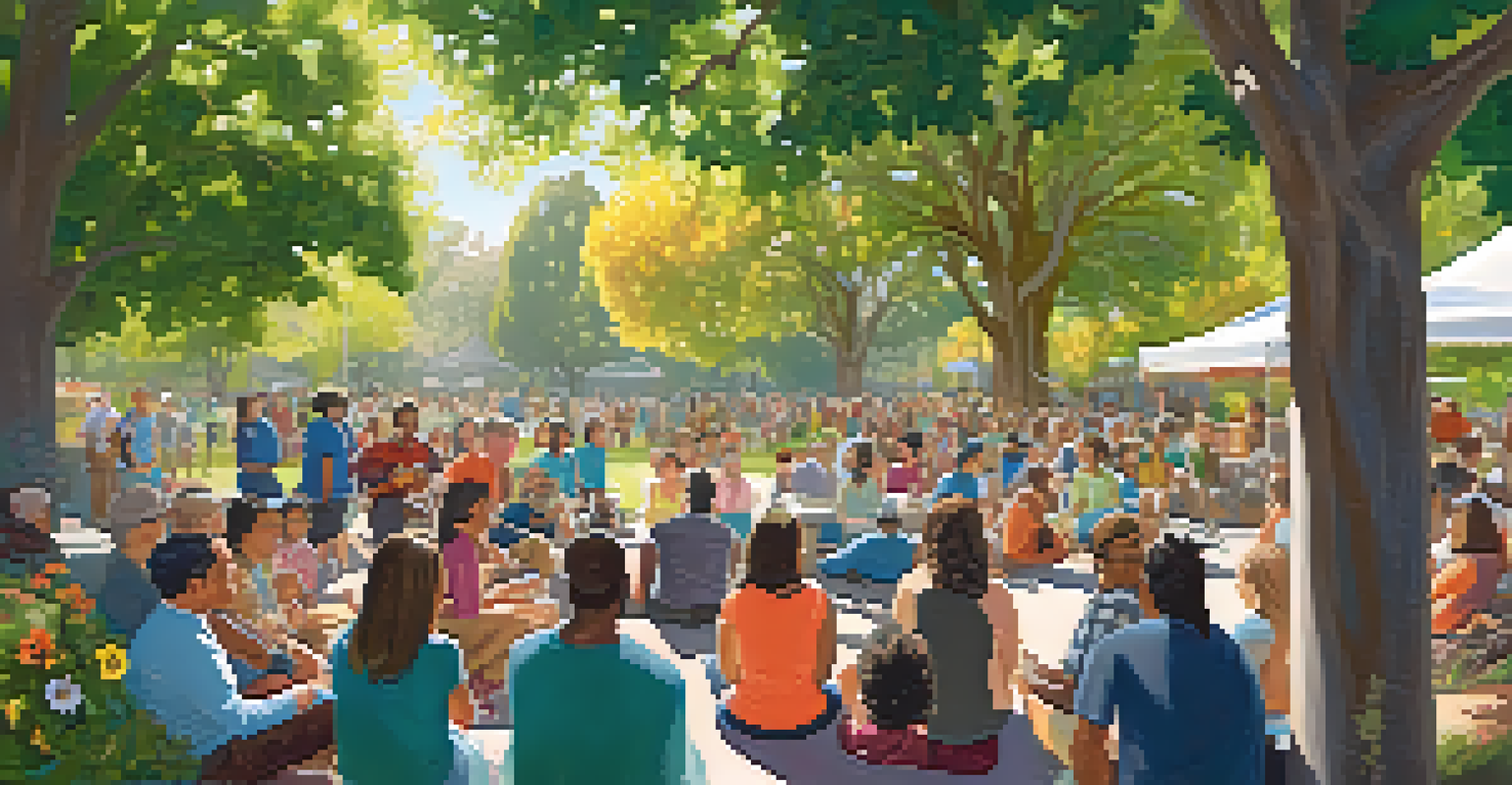 A diverse group of residents in Redwood City participating in a community discussion in a vibrant park.