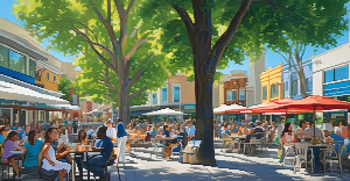 A lively urban plaza filled with people, showcasing modern architecture and greenery, with children playing and artists displaying their work.