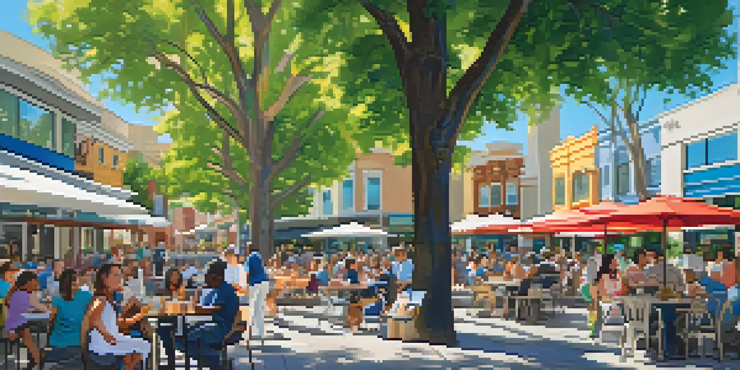 A lively urban plaza filled with people, showcasing modern architecture and greenery, with children playing and artists displaying their work.