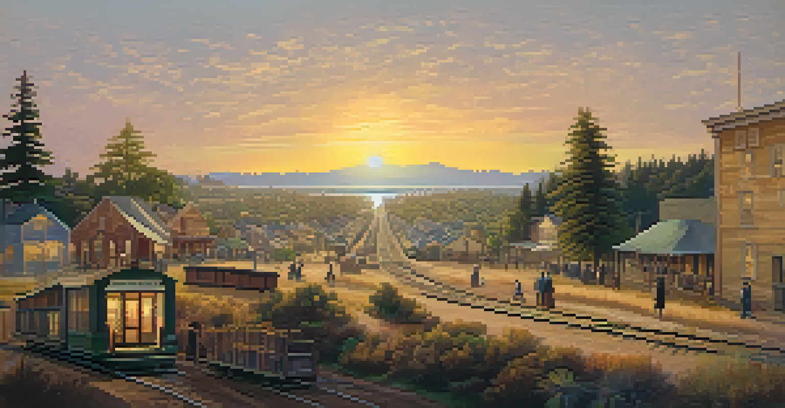 A panoramic view of Redwood City in the late 1850s, illustrating the city's growth with redwood trees, railroads, and early buildings.