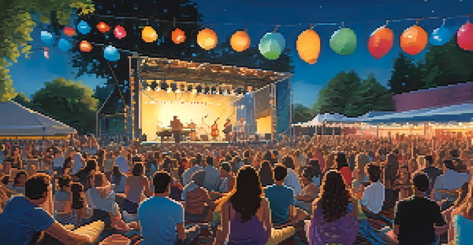 A vibrant outdoor concert with a diverse crowd enjoying live music, colorful lights on stage, and people dancing and sitting on blankets.