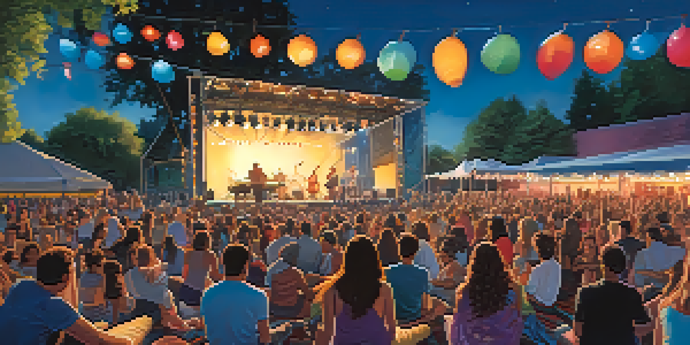 A vibrant outdoor concert with a diverse crowd enjoying live music, colorful lights on stage, and people dancing and sitting on blankets.