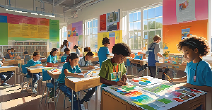 A colorful classroom with diverse students working together on a STEM project, surrounded by educational materials and sunlight.