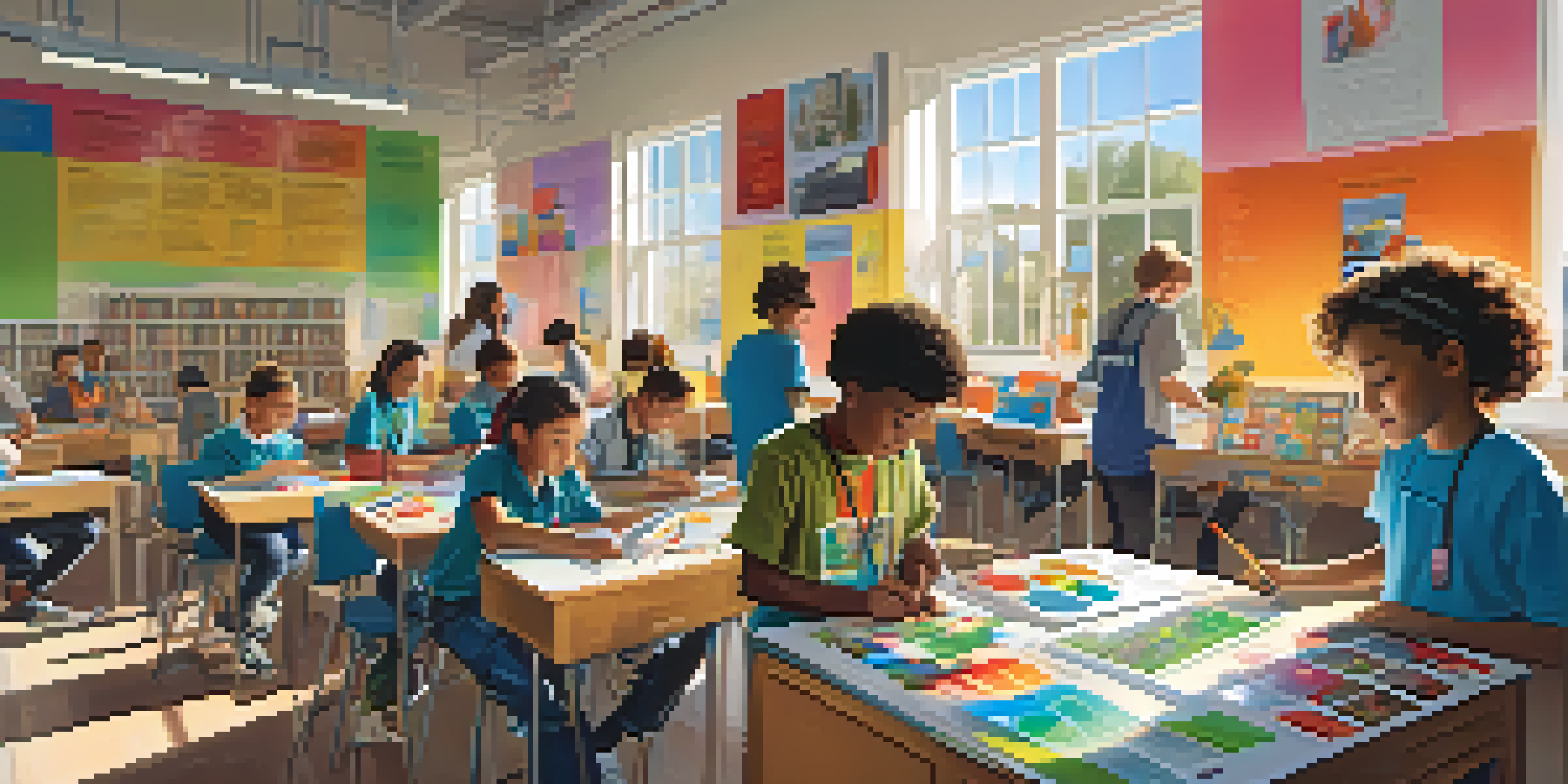 A colorful classroom with diverse students working together on a STEM project, surrounded by educational materials and sunlight.