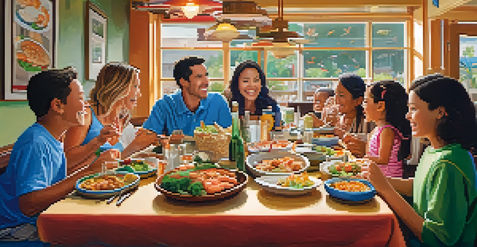A family enjoying a meal at a restaurant with colorful dishes and a warm atmosphere.