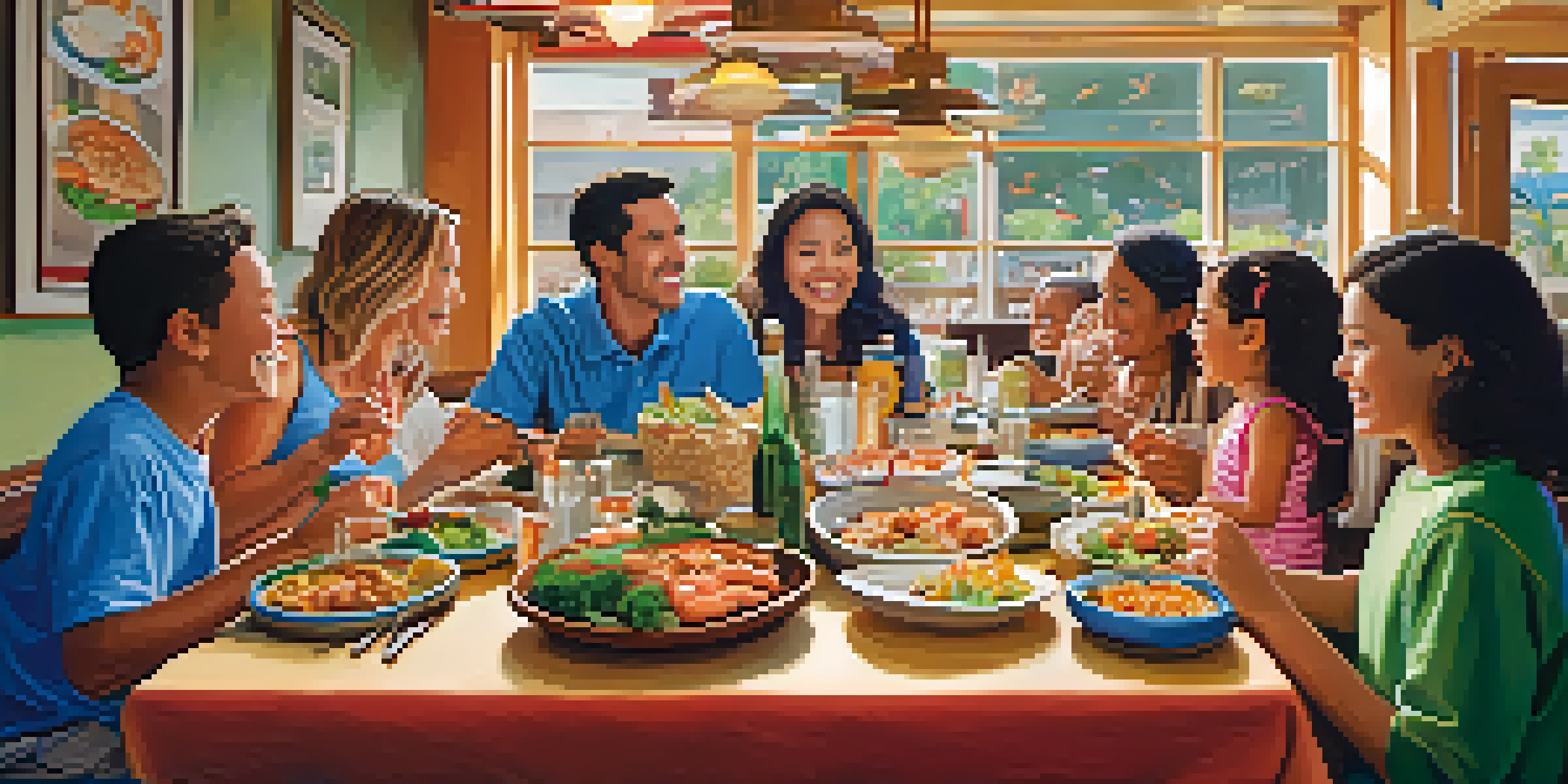 A family enjoying a meal at a restaurant with colorful dishes and a warm atmosphere.