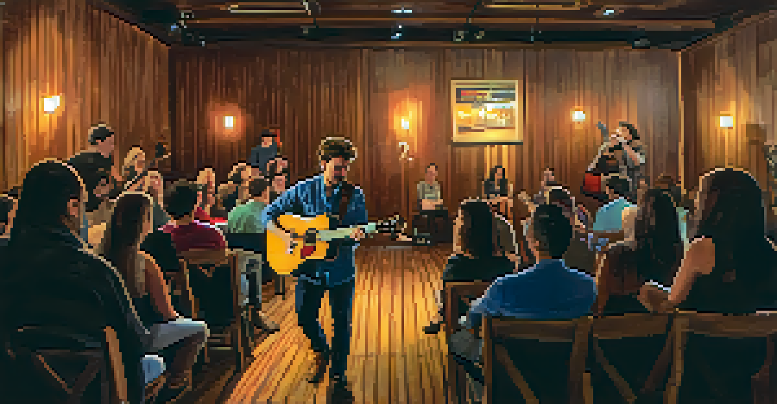 A solo musician performing on stage at a cozy local venue, with warm lighting and an engaged audience.