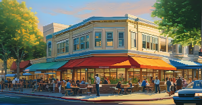 A cityscape of Redwood City showing modern tech buildings and traditional architecture with people conversing at a cafe terrace.