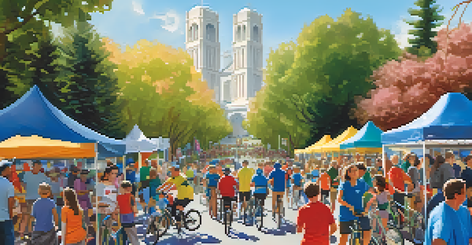 A vibrant community biking and walking festival in Redwood City, with families enjoying activities and stalls promoting active transport.