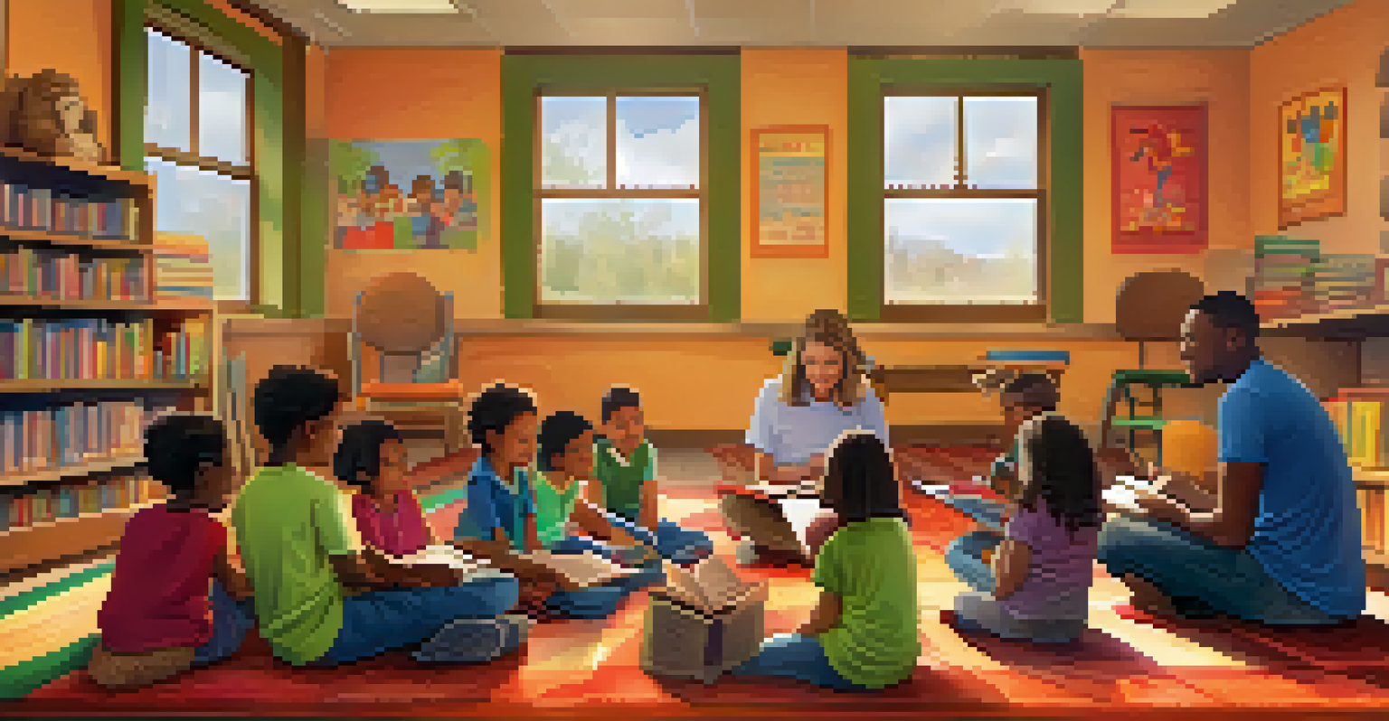 A volunteer reading to children in a colorful community center, with kids attentively listening on a bright rug.