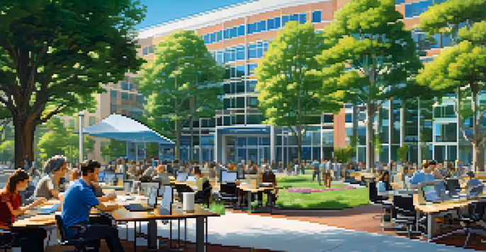 A lively tech scene in Redwood City with professionals collaborating outside modern office buildings amidst greenery.