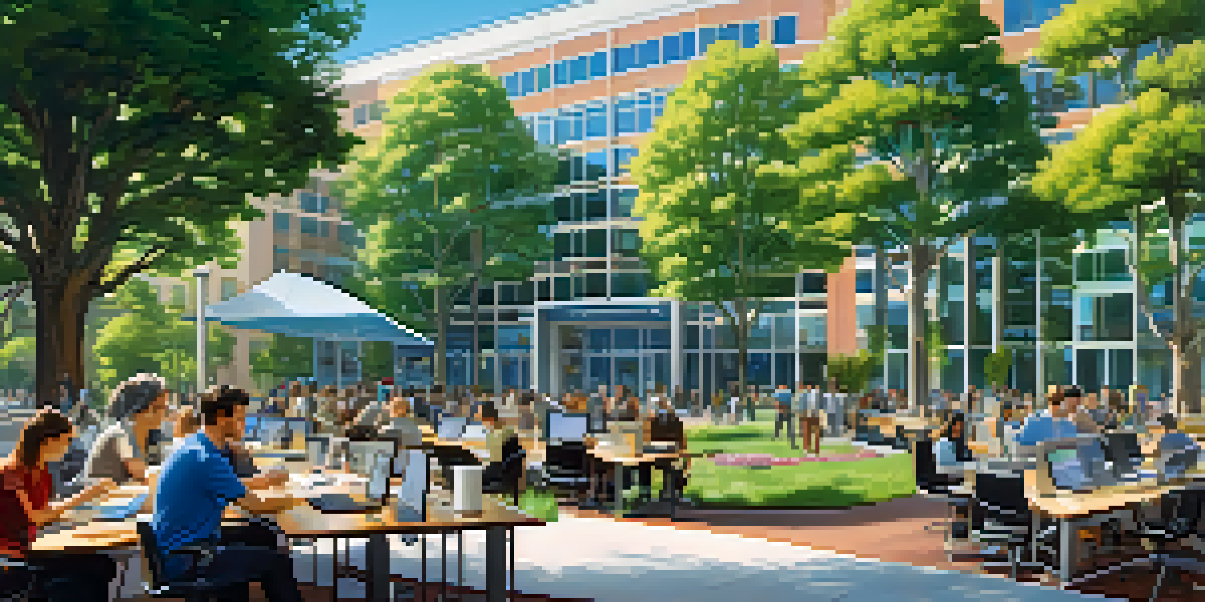 A lively tech scene in Redwood City with professionals collaborating outside modern office buildings amidst greenery.