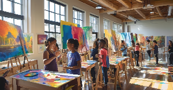 A lively arts workshop with diverse youth painting, sculpting, and dancing under bright sunlight.