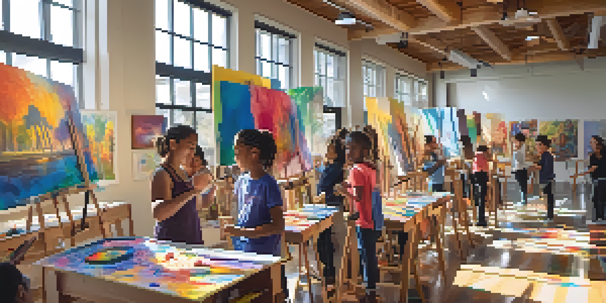 A lively arts workshop with diverse youth painting, sculpting, and dancing under bright sunlight.
