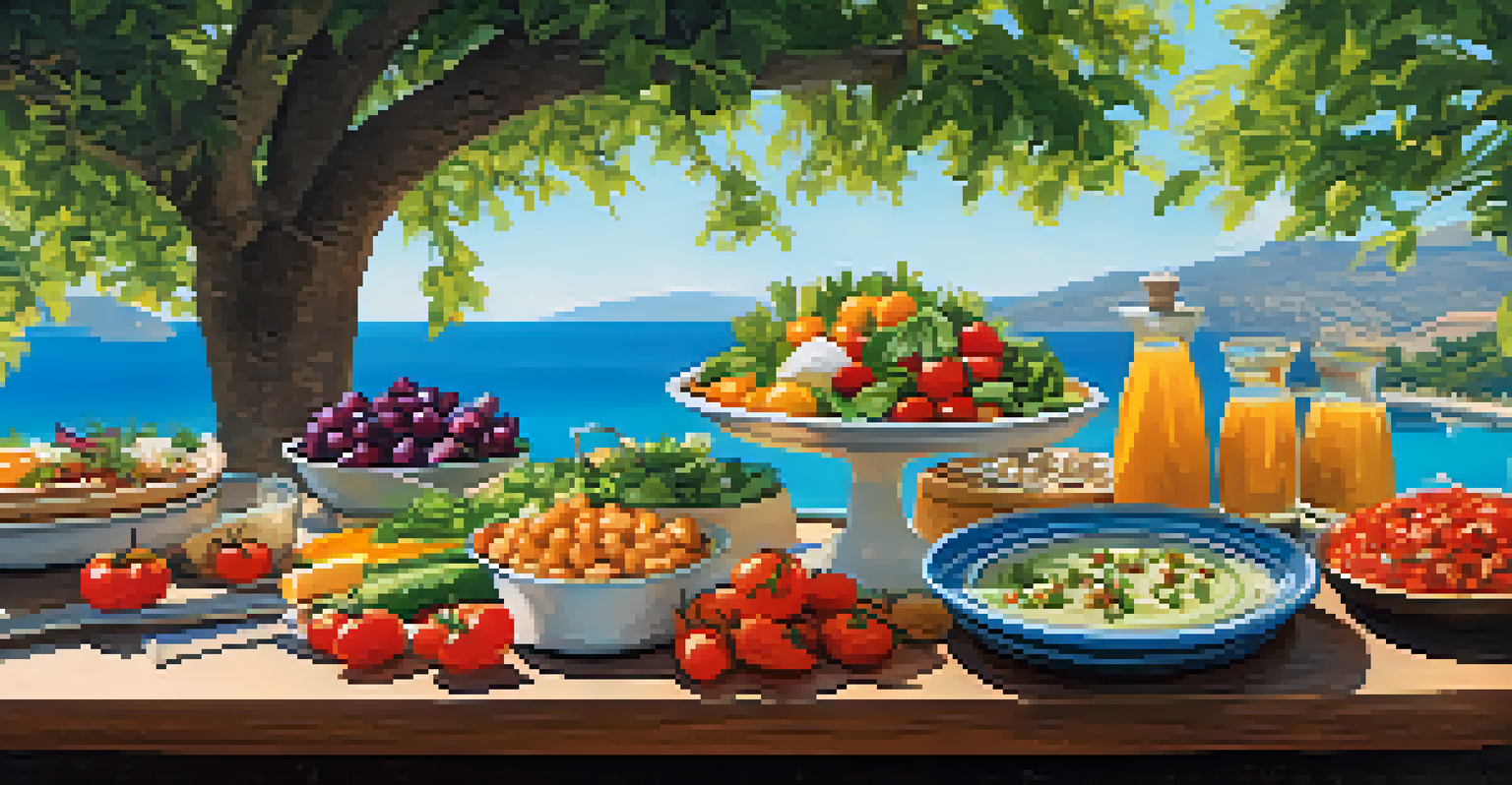 An outdoor Mediterranean dining table with a colorful mezze platter and sunny ambiance.