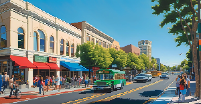 A busy street in Redwood City with cars, buses, cyclists, and pedestrians, surrounded by trees and colorful shops under a clear blue sky.