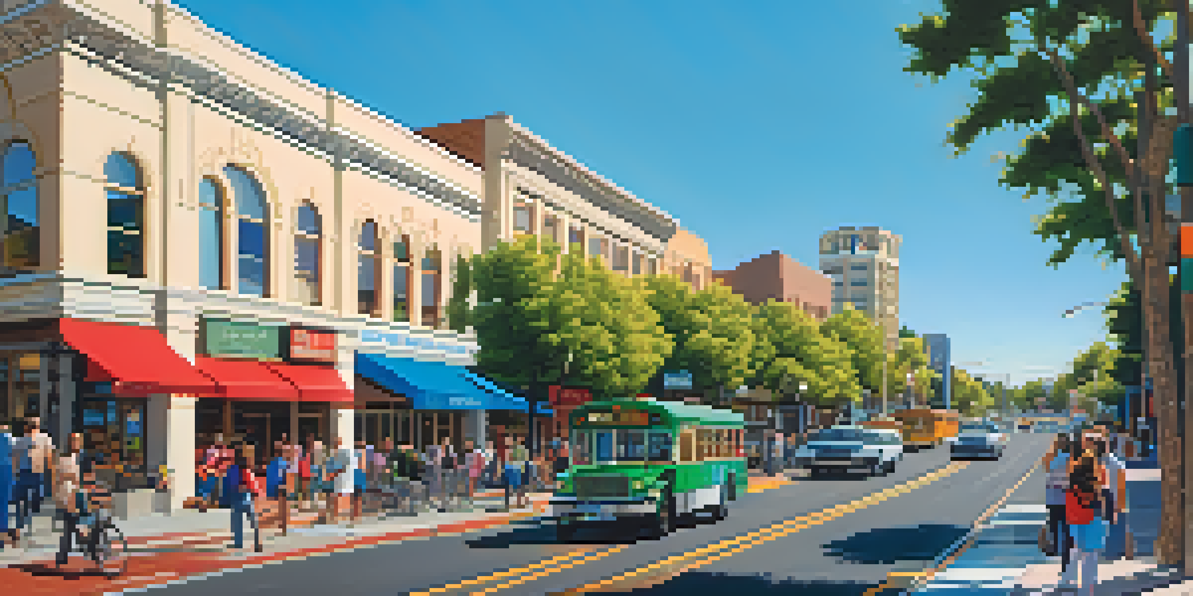 A busy street in Redwood City with cars, buses, cyclists, and pedestrians, surrounded by trees and colorful shops under a clear blue sky.