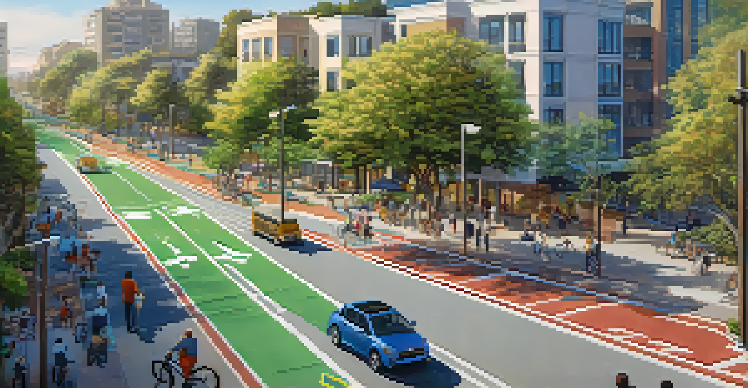 An aerial view of a bicycle lane network in Redwood City, showing connections to parks and schools with cyclists using the lanes.