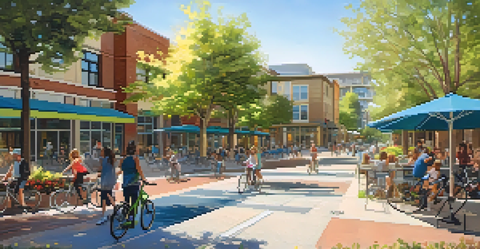 A lively mixed-use development in Redwood City with residential buildings, cafes, and parks, filled with people and sunlight.