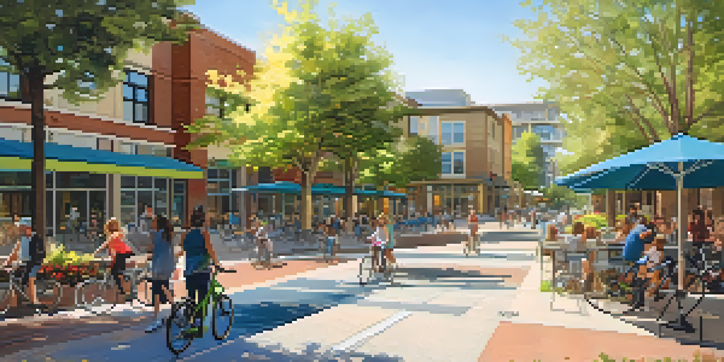 A lively mixed-use development in Redwood City with residential buildings, cafes, and parks, filled with people and sunlight.