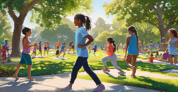 A lively park in Redwood City with people practicing yoga, jogging, and families enjoying picnics under the sun among blooming flowers.