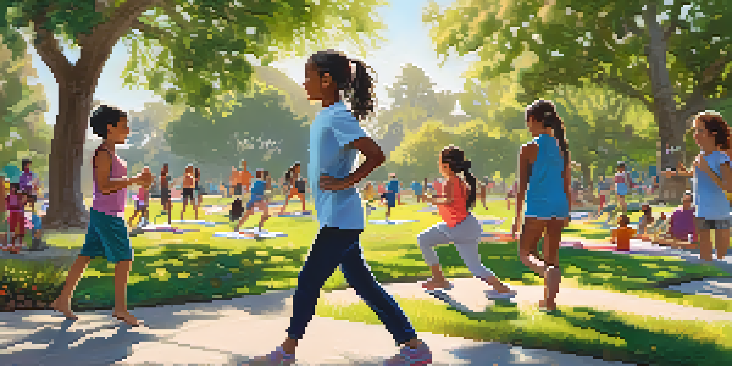A lively park in Redwood City with people practicing yoga, jogging, and families enjoying picnics under the sun among blooming flowers.