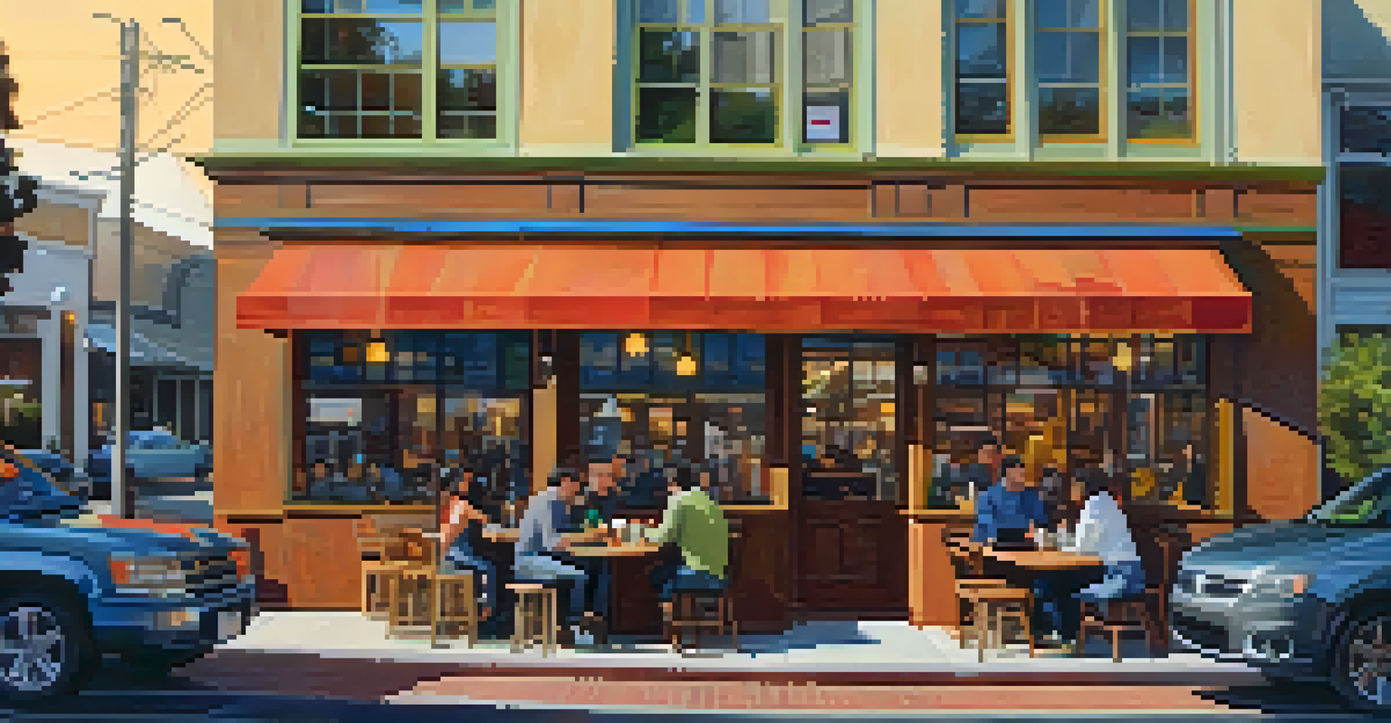 A cozy coffee shop in Redwood City, featuring diverse customers working and socializing, with warm interiors and a view of the street outside.